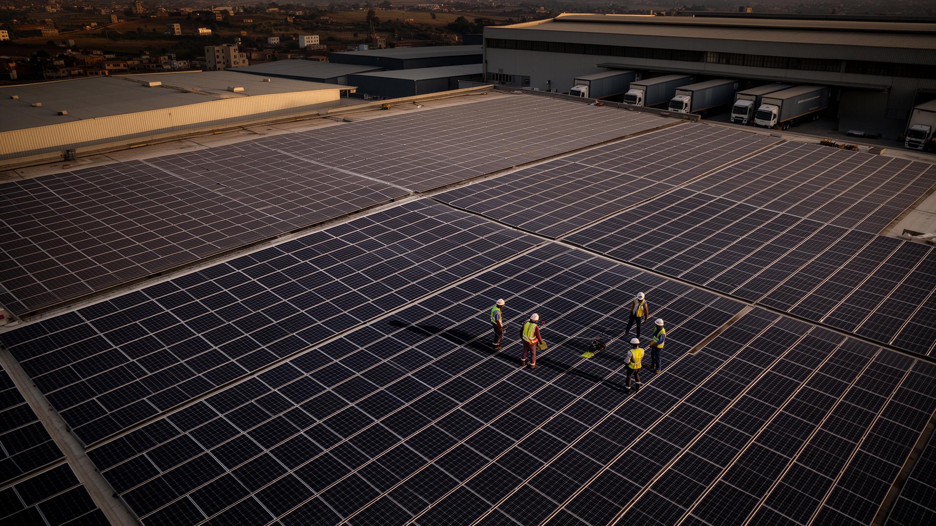 Aerial view of an industrial warehouse rooftop covered with commercial solar panels in Addis Ababa